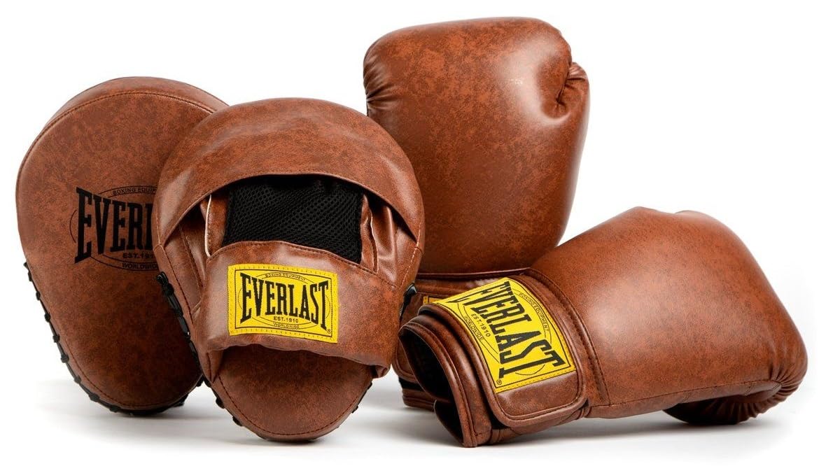 Everlast 1910 Classic Boxing Gloves 16oz & Pads (Brown), Velcro